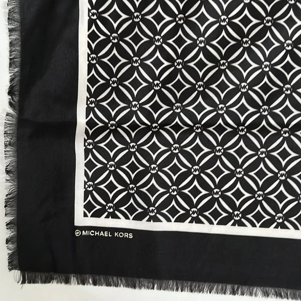 Michael Kors Monogram Square Scarf Bone & Black Fringe Trim